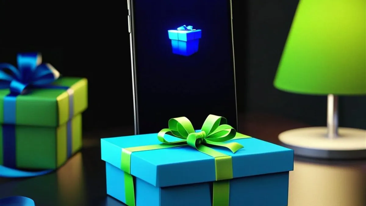 Celular con un regalo azul en pantalla junto a cajas de regalo con moño verde limón