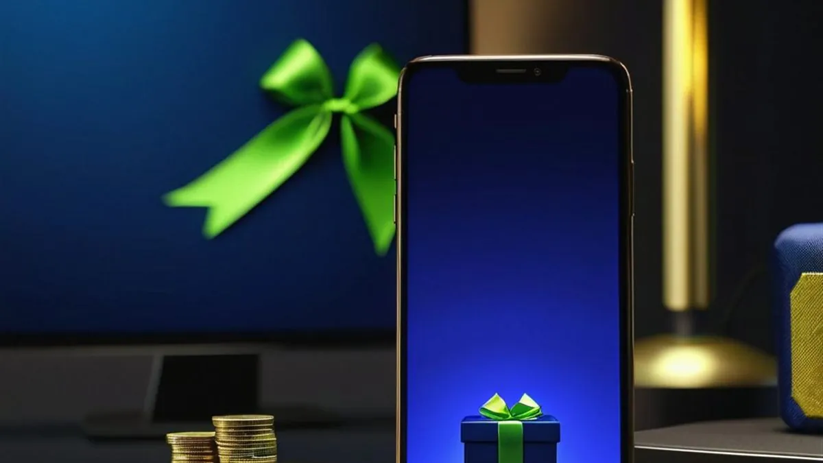 Celular con el icono de un regalo en pantalla azul junto a monedas doradas y un moño verde