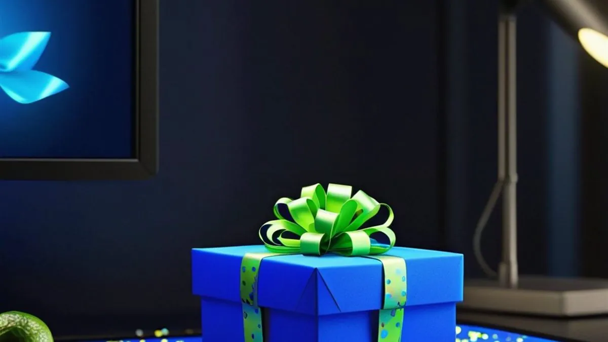 Caja de regalo azul con moño verde limón y confeti sobre un escritorio oscuro