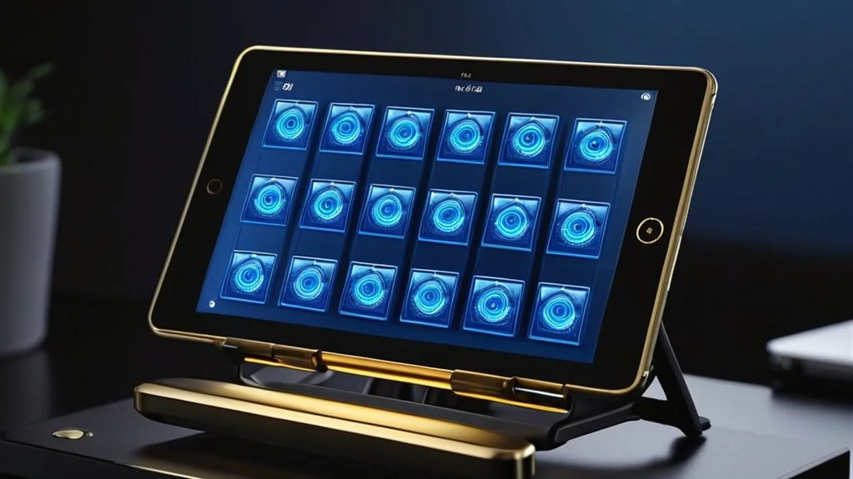 Tablet en un soporte con una cuadrícula de iconos azules luminosos sobre un escritorio