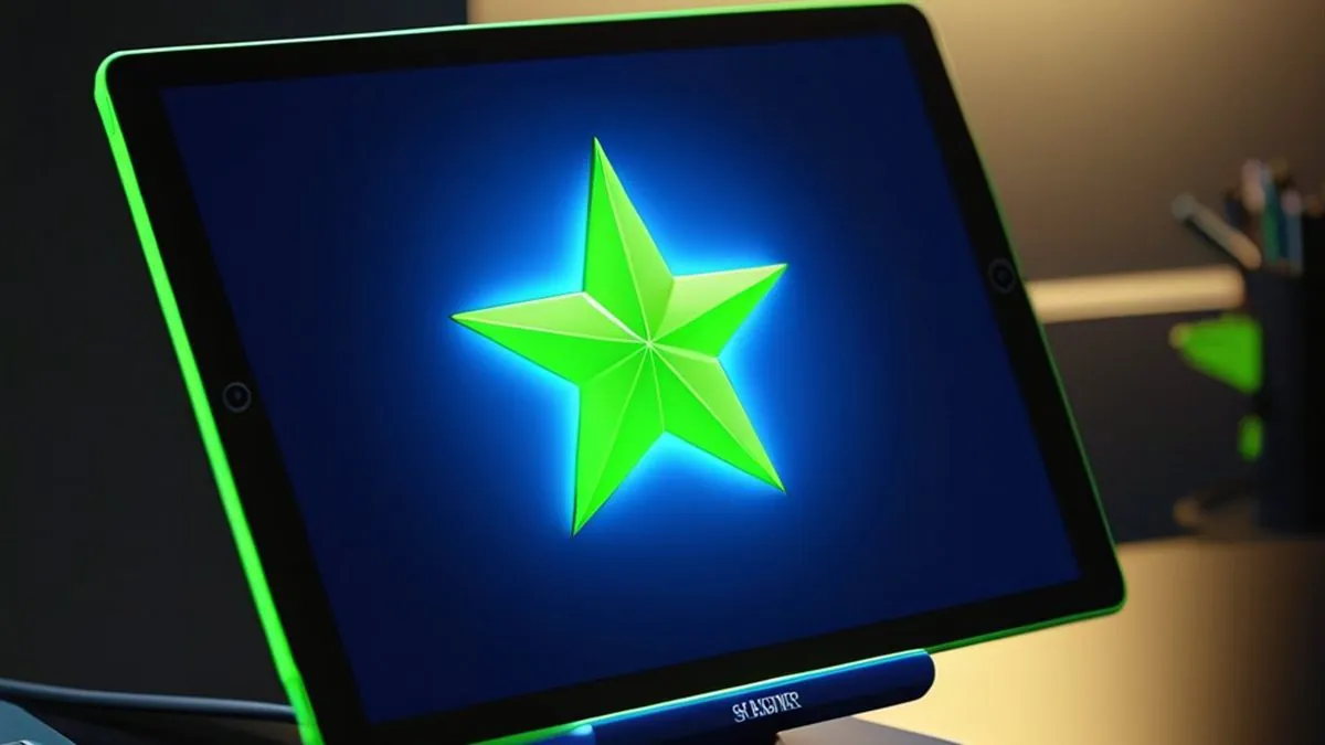 Tablet con una estrella verde limón luminosa en pantalla azul sobre un escritorio