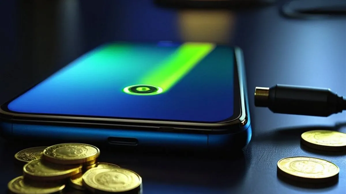 Celular con una barra de progreso verde en pantalla azul junto a monedas doradas